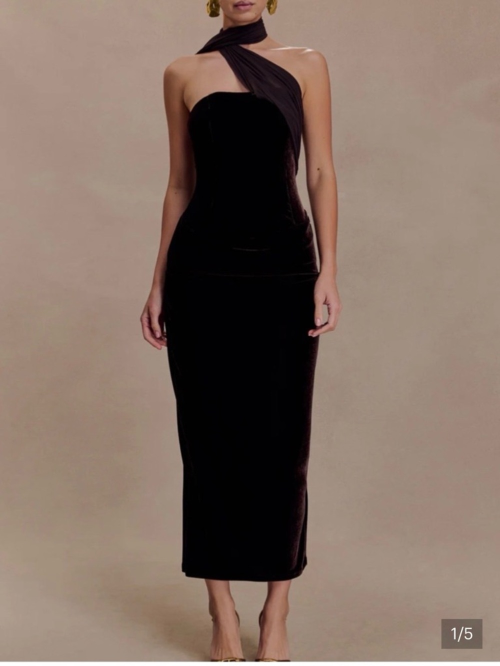 Meshki Chocolate Brown Velvet BOne-Shoulder Midi Dress with Draped Mesh Neck